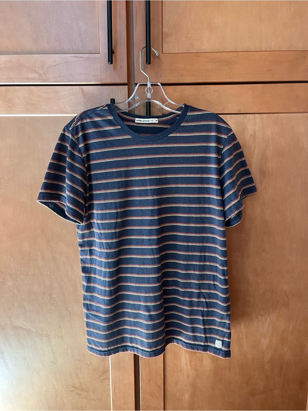 Marine Layer Men’s Re-Spun Striped Navy, Red, Yellow, Orange Short-Sleeve Tee